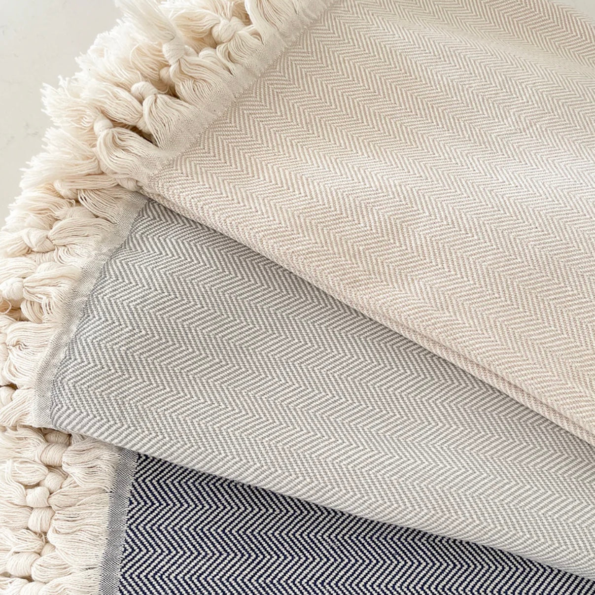 Anaya Home Beige Turkish Cotton Herringbone Throw With Tassels
