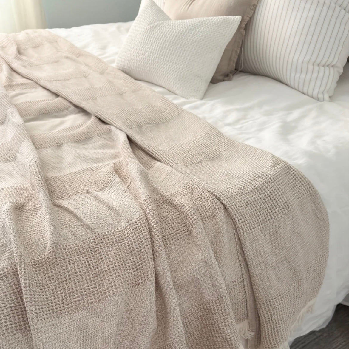 Anaya Home Beige Umbra Cotton Waffle Bed Blanket
