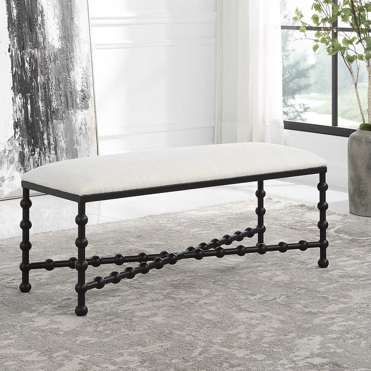 Uttermost Iron Drops Textured White Performance Fabric Seat Modern Black Iron Bench
