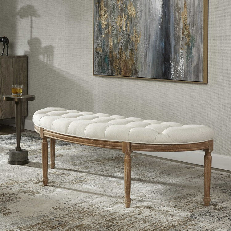 Uttermost Leggett Off White Linen Fabric Cushion Curved Wood Bench - Image 1