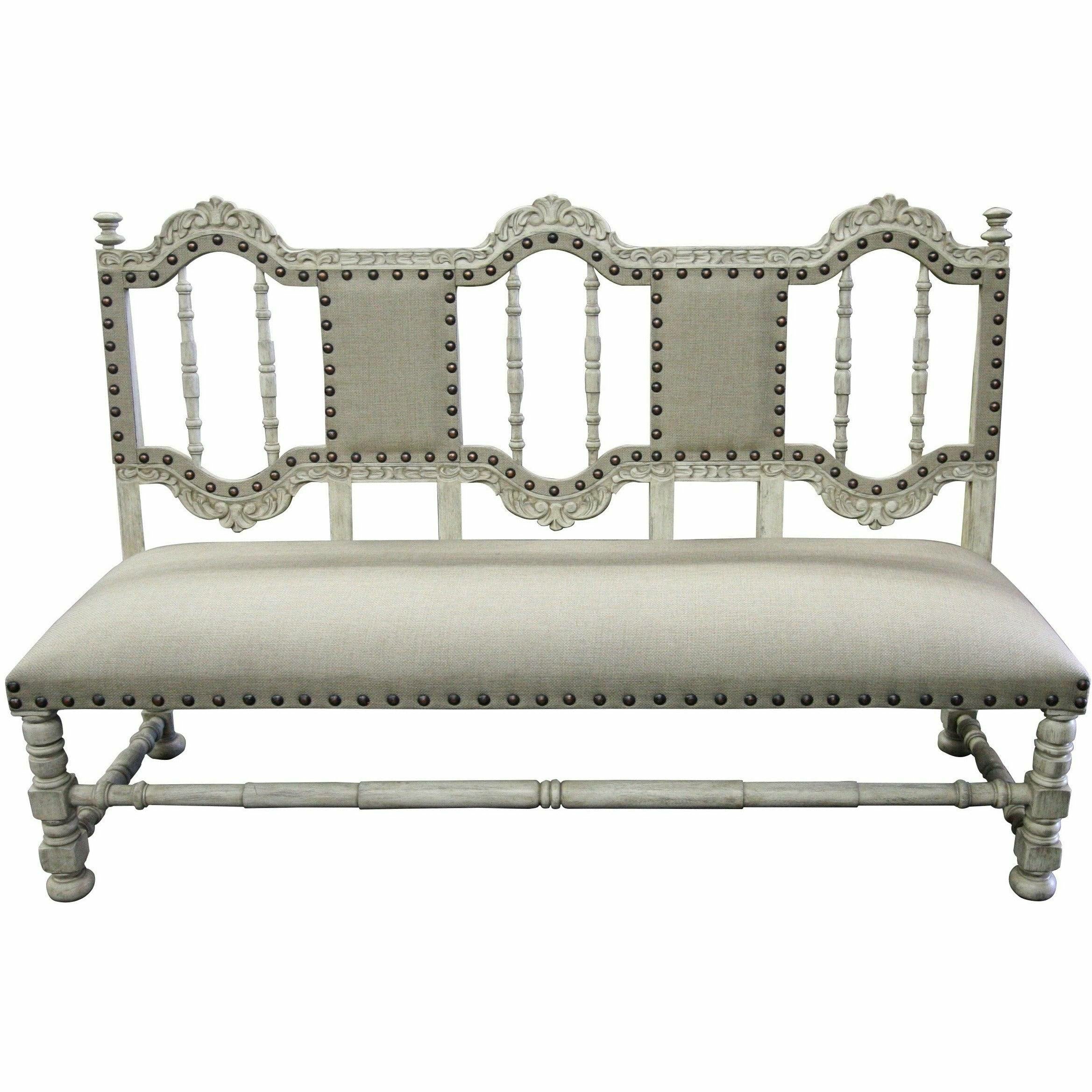 Casa Bonita Peruvian Hand-Painted Carved Wood and Linen Cristobal Bench - Image 1