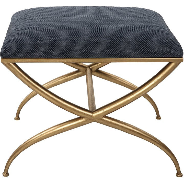 Uttermost Crossing Navy Blue Fabric Cushion Seat Gold Iron Small Bench