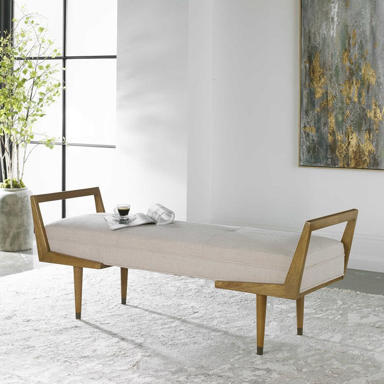 Uttermost Waylon Tufted Ivory Fabric Seat Cushion Modern Birch Wood Bench