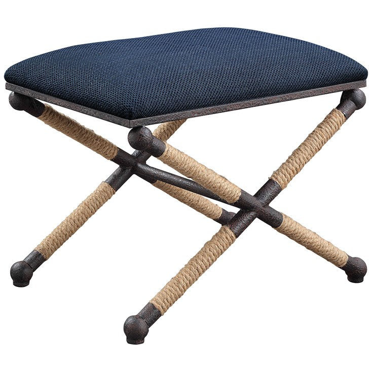 Uttermost Firth Navy Blue Textured Fabric Seat Rustic Iron Bench - Image 3