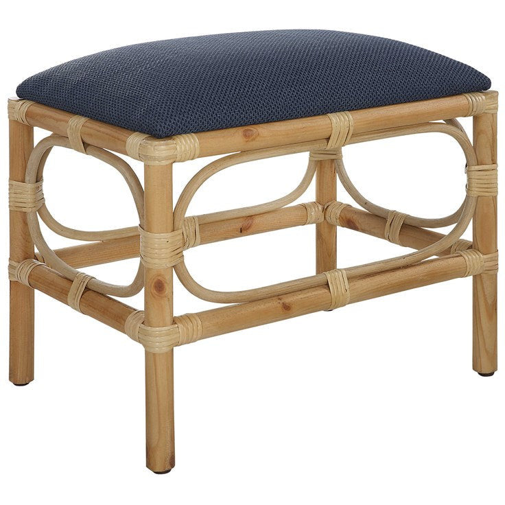Uttermost Laguna Navy Blue Fabric Seat Cushion Coastal Rattan Small Bench - Image 3