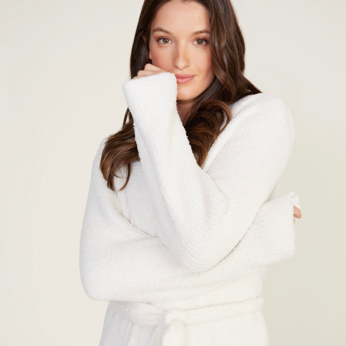 Barefoot Dreams CozyChic Ribbed Hooded Cream Robe ~ Size Small / Medium - Image 1
