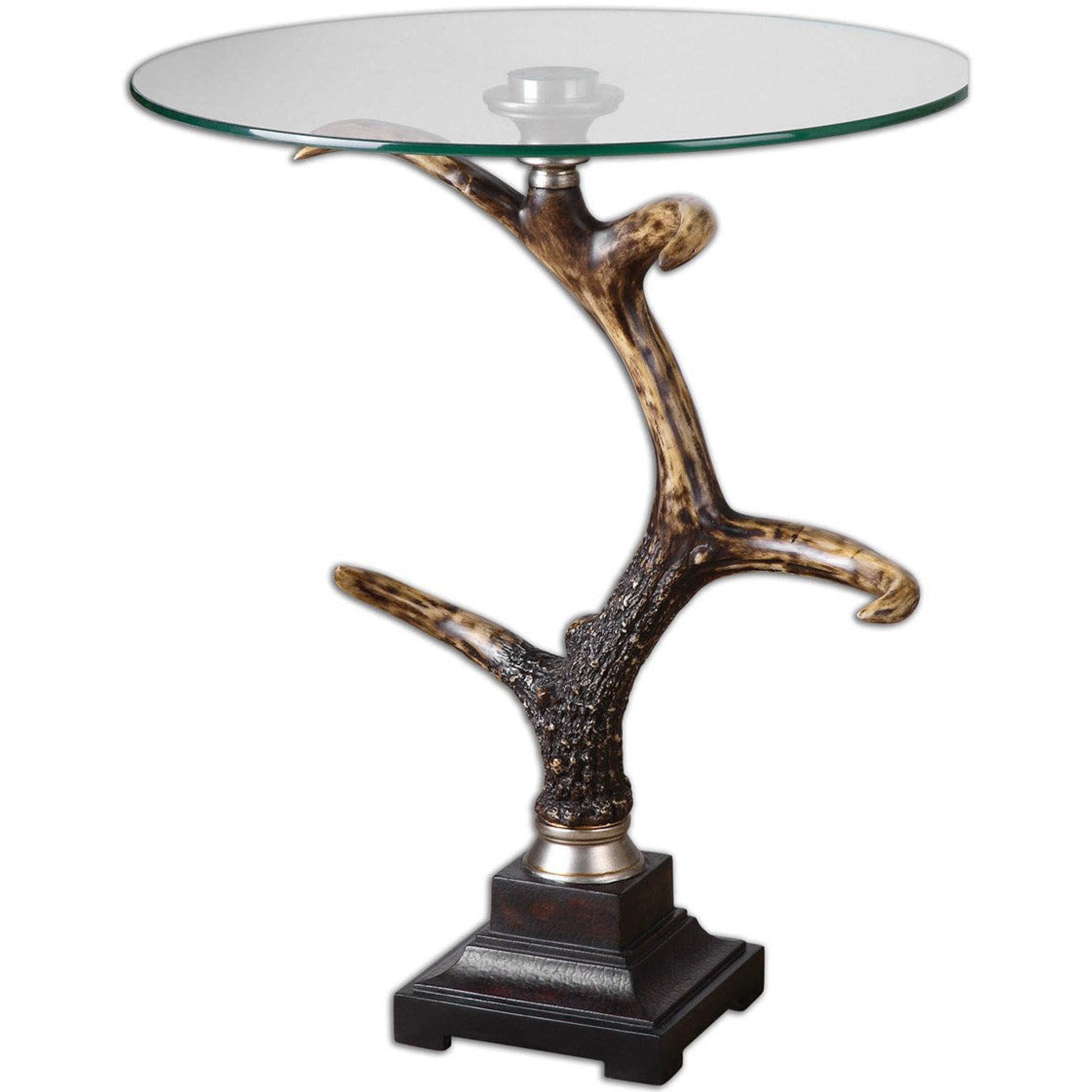 Uttermost Stag Horn Glass Top With Black and Broze Base Rustic Modern Side Table - Image 1