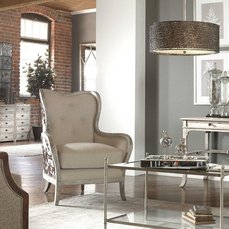 Uttermost Chalina Linen with Velvet Back Aged Bone Wood Accent Chair - Image 1