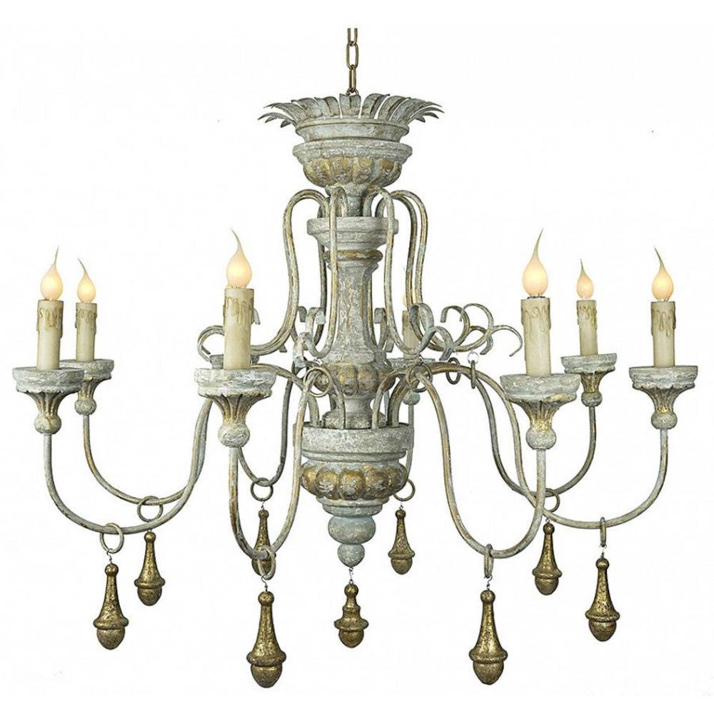 Provence Home Distressed French Blue, Grey & Gold Carved Wood Antiqued Metal 6 Arm Chandelier - Image 1