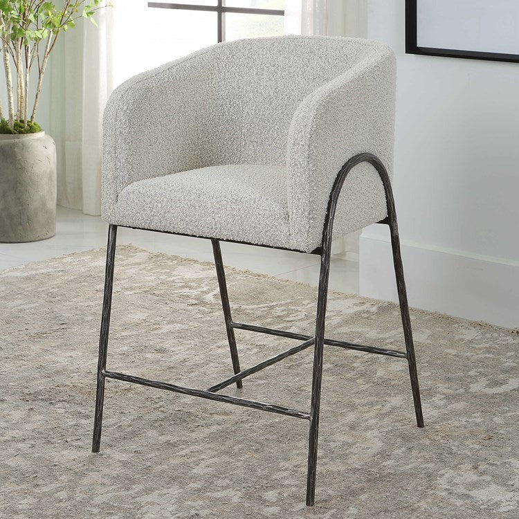 Uttermost Jacobsen Ivory & Gray Boucle Performance Fabric Counter Stool With Aged Black Finish Iron Base - Image 2