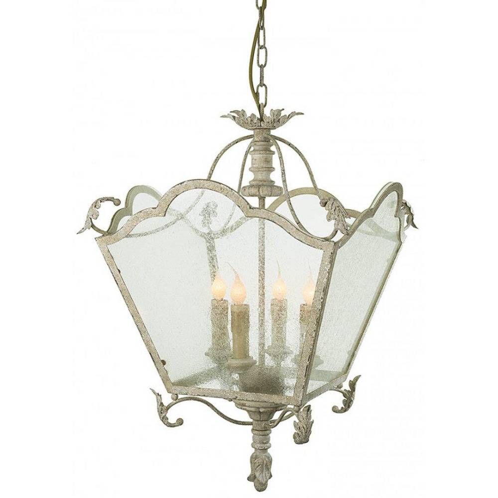 Provence Home Distressed Cream Carved Wood Antiqued Metal Lantern Chandelier With Seeded Glass Panels - Image 1