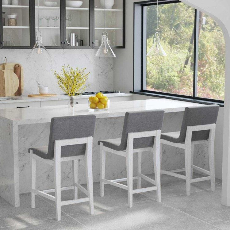 Uttermost Brazos Charcoal Linen Performance Fabric Counter Stool Aged White Wood Frame