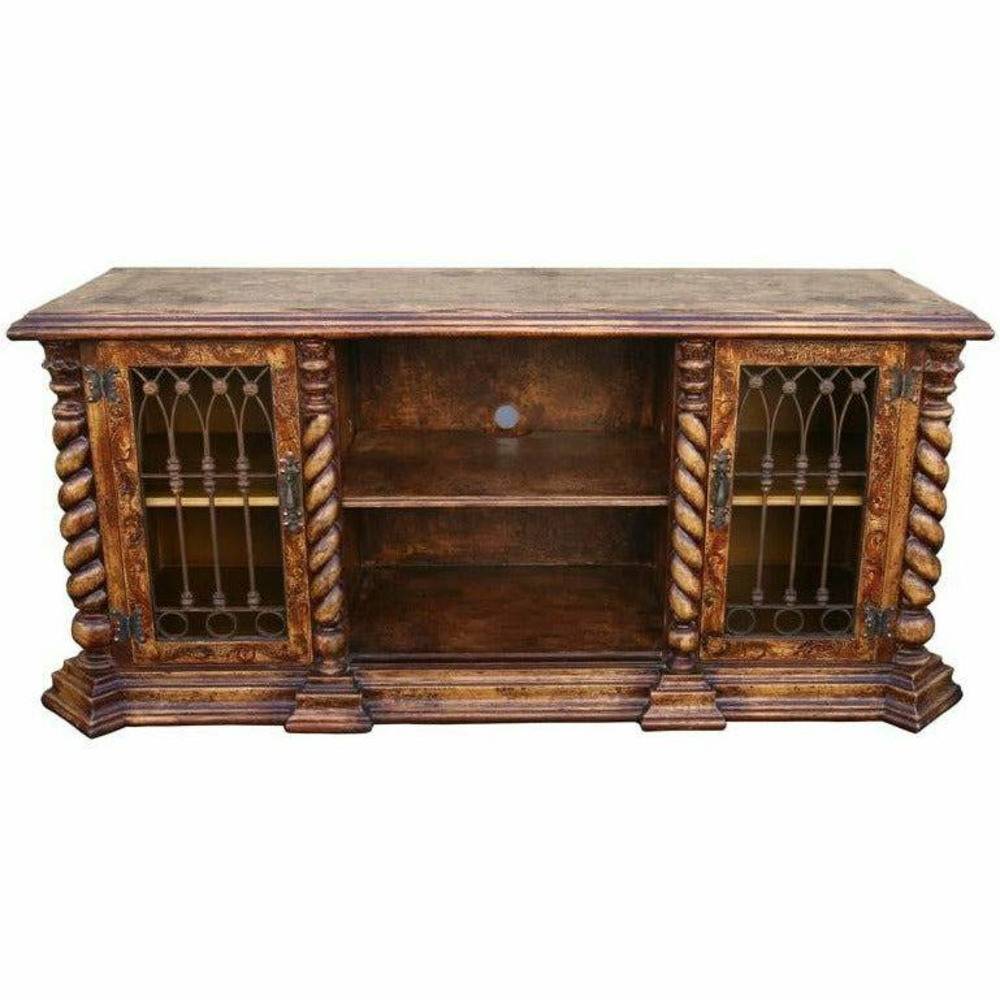 Casa Bonita Peruvian Hand-Painted Carved Wood and Hand Forged Iron Antigua TV Credenza