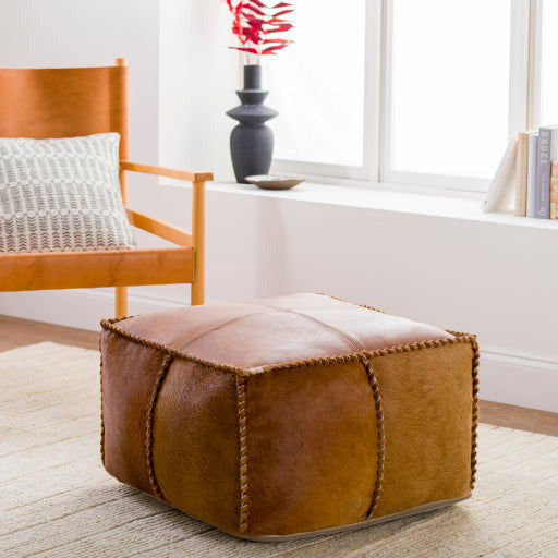 Surya Ranger Modern Hair On Hide Brown & Tan Leather Pouf Ottoman RGPF-001