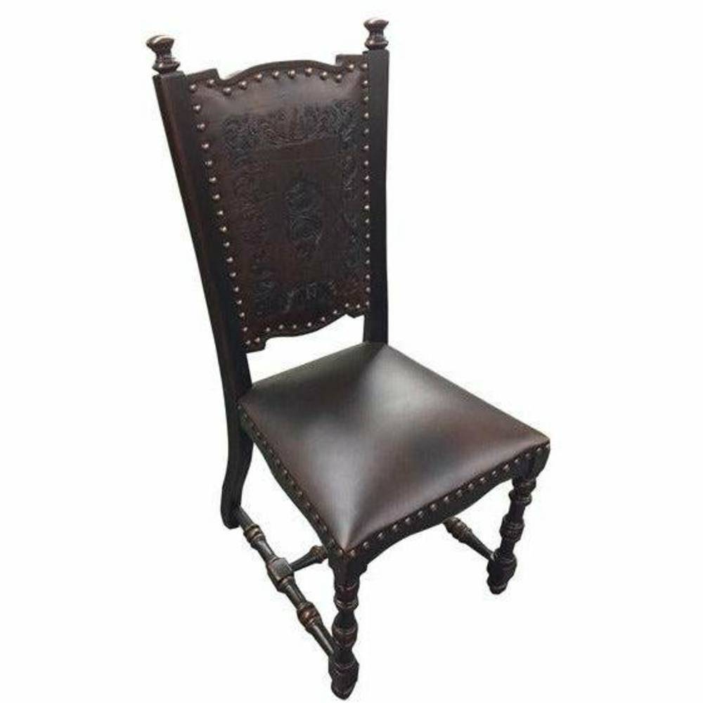 Casa Bonita Peruvian Hand-Painted Carved Wood Nazca Leather Dining Chair - Image 1