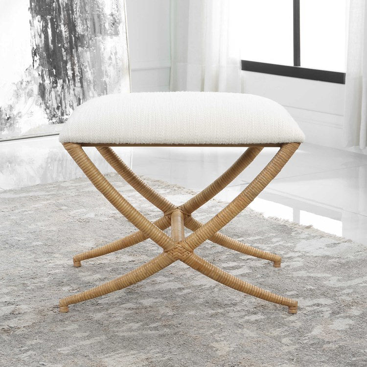 Uttermost Expedition Textured White Fabric Seat Rattan Wrapped Iron Small Bench