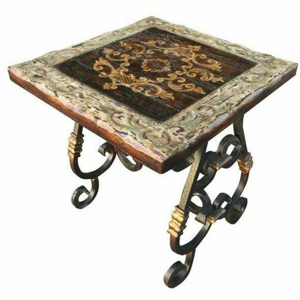 Casa Bonita Peruvian Hand-Painted Carved Wood and Hand Forged Iron Estancia End Table - Image 1