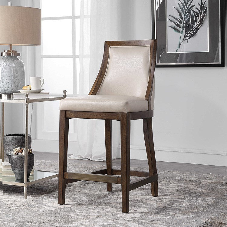 Uttermost Purcell Cappuccino Pebbled Faux Leather Counter Stool With Walnut Wood Frame - Image 3