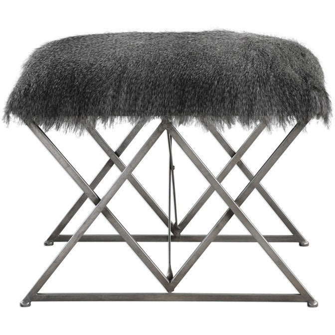 Uttermost Astairess Faux Gray Fur Seat Silver Iron Small Bench - Image 3