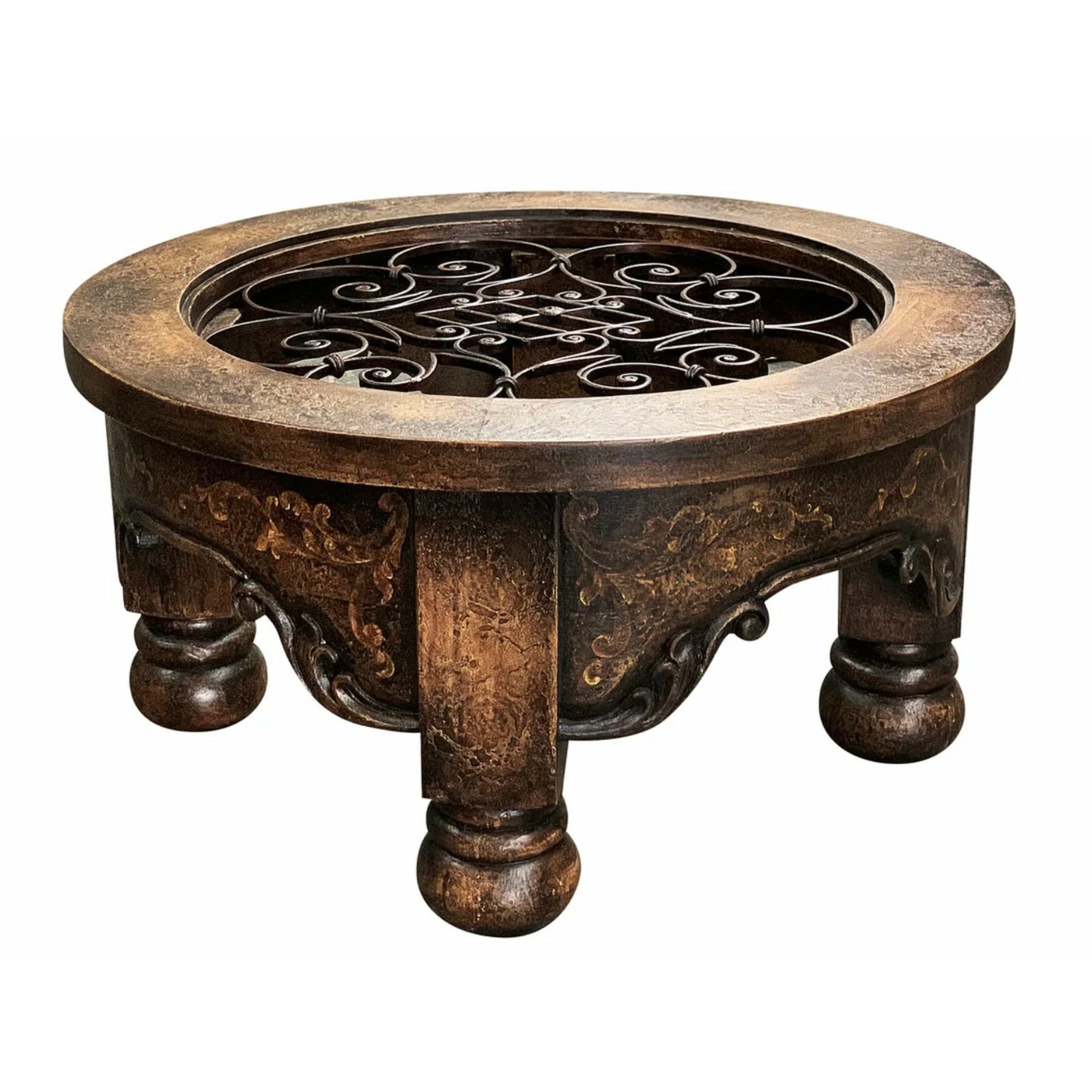 Casa Bonita Peruvian Hand-Painted Carved Wood and Hand Forged Iron Las Cruces Round Coffee Table - Image 1