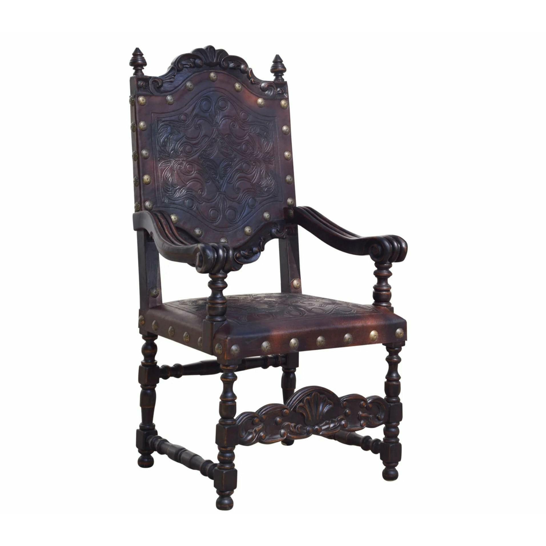 Casa Bonita Peruvian Hand-Painted Carved Wood Del Rey Hand Tooled Leather Large Dining Arm Chair - Image 1