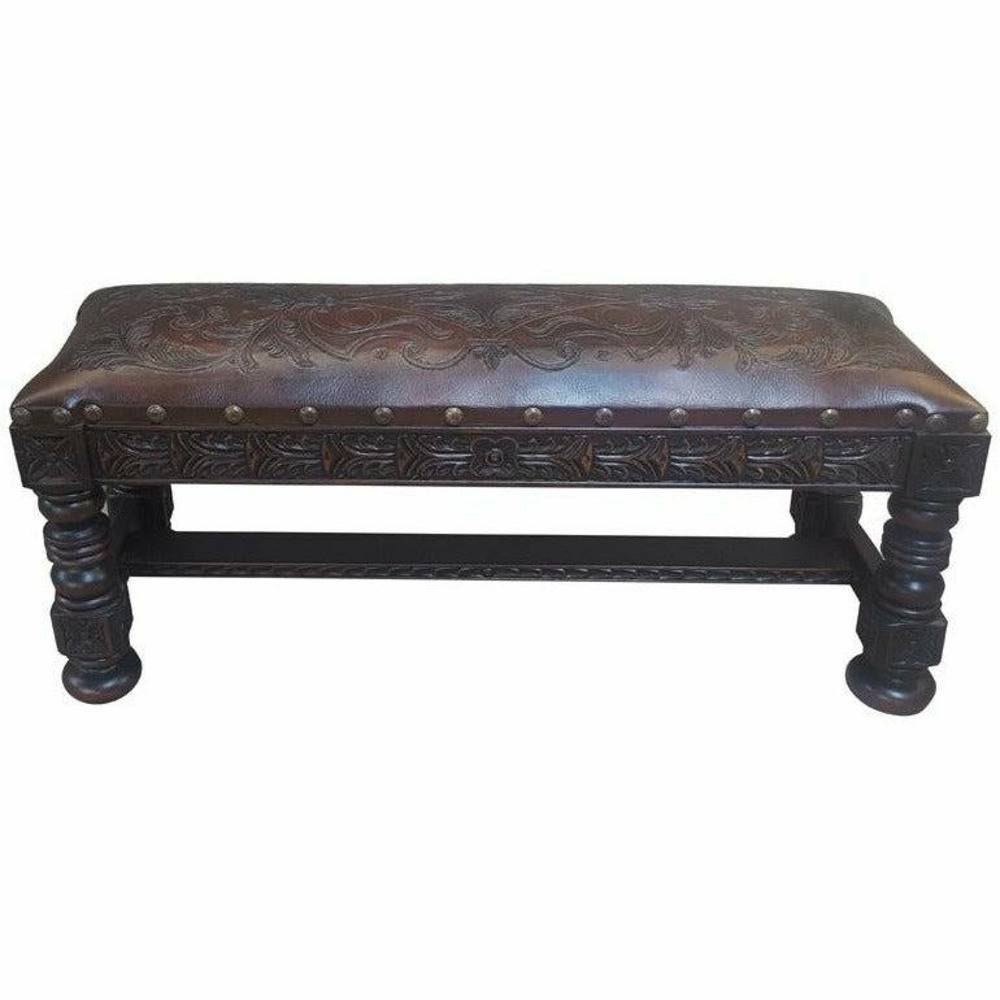 Casa Bonita Peruvian Hand-Painted  Carved Wood Hand Tooled Leather Bench - Image 1