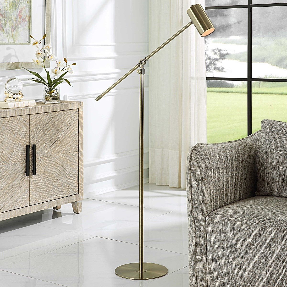 Casa Bella Living Gold Cylinder Metal Shade With Brushed Gold Base Adjustable Modern Floor Lamp