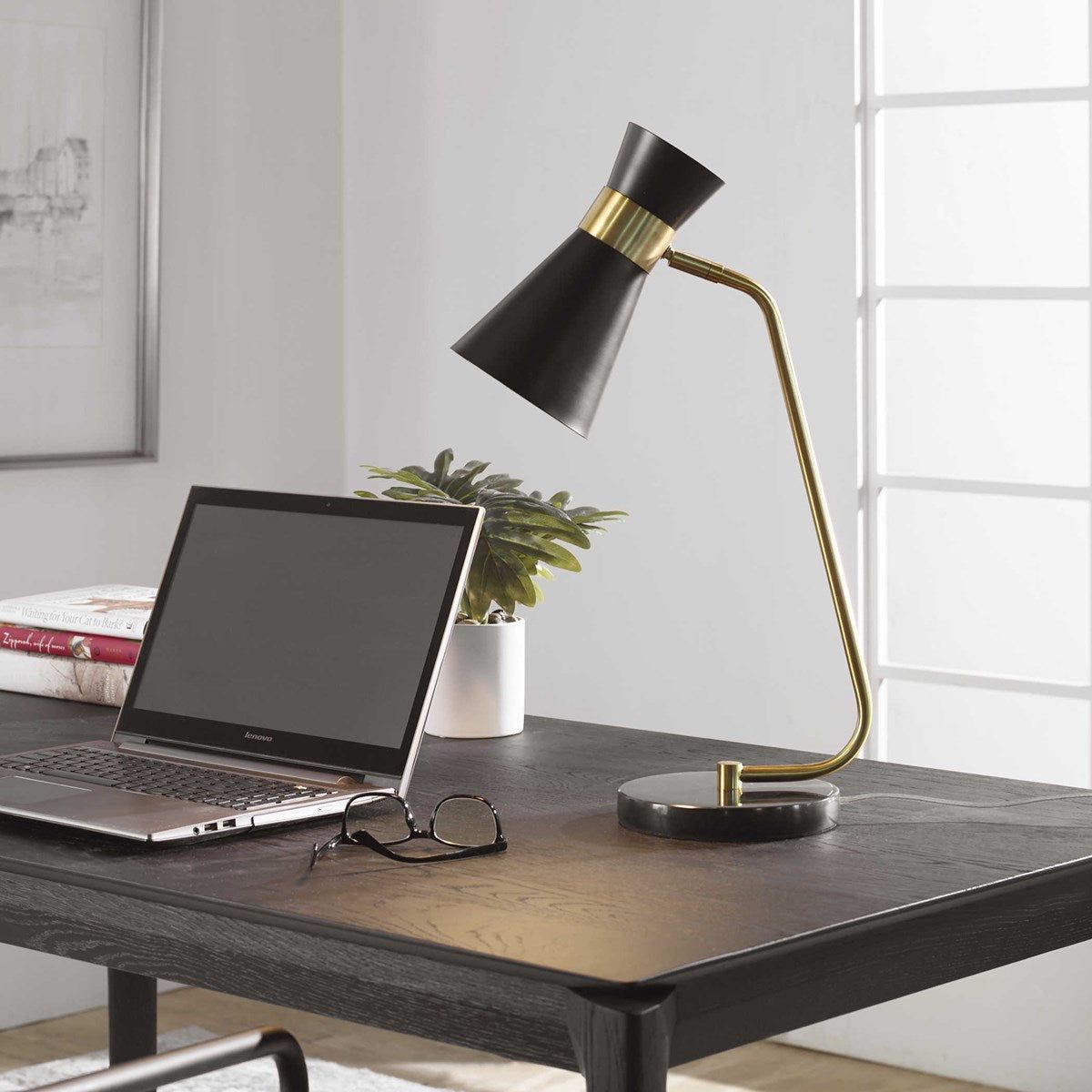 Casa Bella Living Black Metal Cone Shade with Black and Black Marble Base Modern Desk Lamp