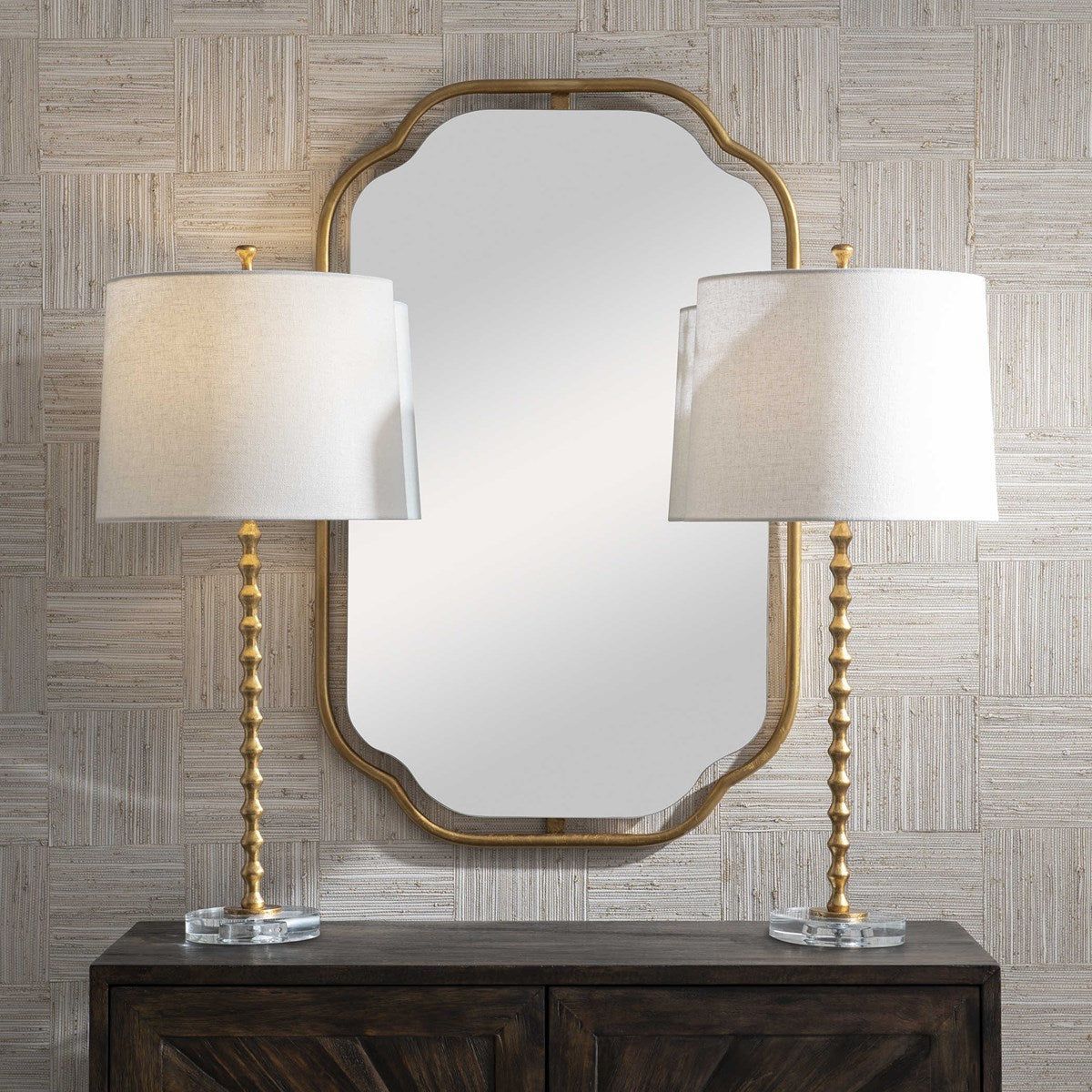 Casa Bella Living Ivory Linen Shades with Gold Leaf and Crystal Base Set of 2 Table Lamps - Image 1