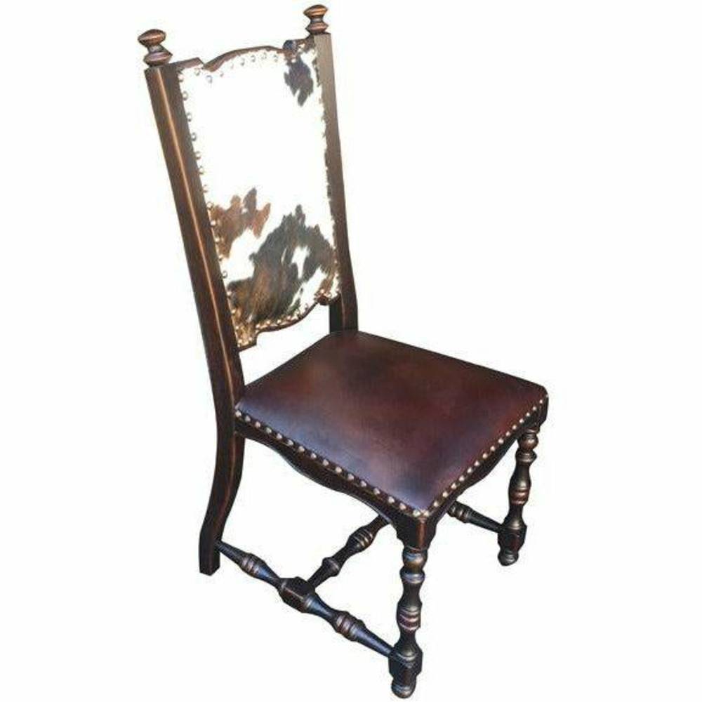 Casa Bonita Peruvian Hand-Painted Carved Wood Nazca Cowhide and Leather Dining Chair - Image 1