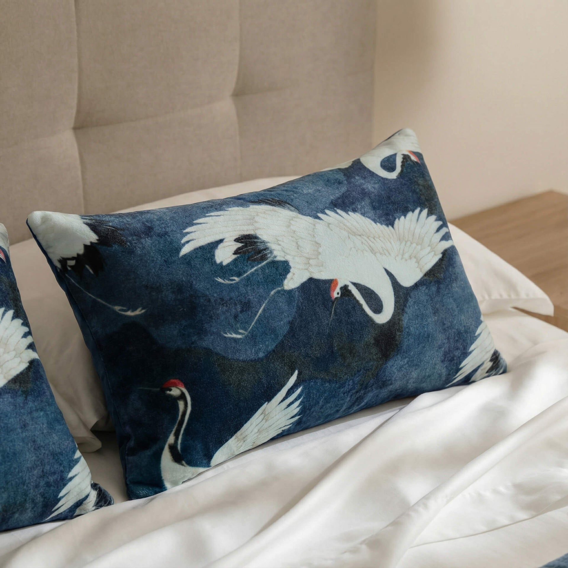 Sunday Citizen Crane in the Clouds Small Lumbar Pillow in Baritone Blue ~ 22 in x 14 in - Image 1