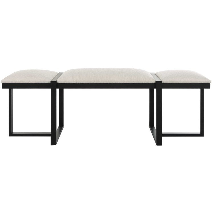 Uttermost Triple Cloud Textured White Performance Fabric Upholstered Seat Black Iron Bench - Image 2