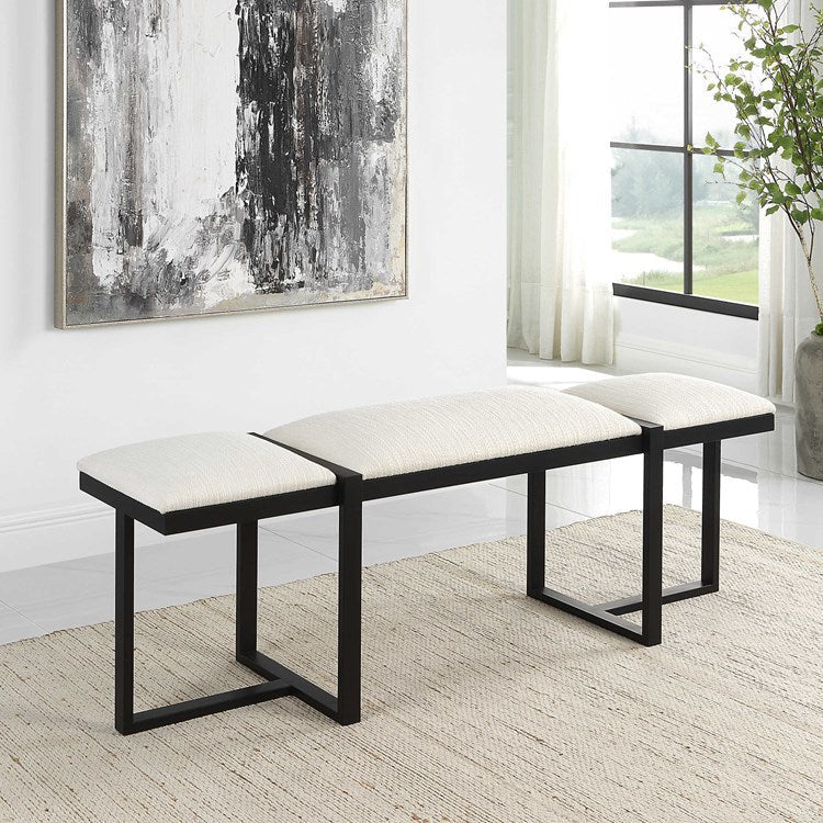 Uttermost Triple Cloud Textured White Performance Fabric Upholstered Seat Black Iron Bench