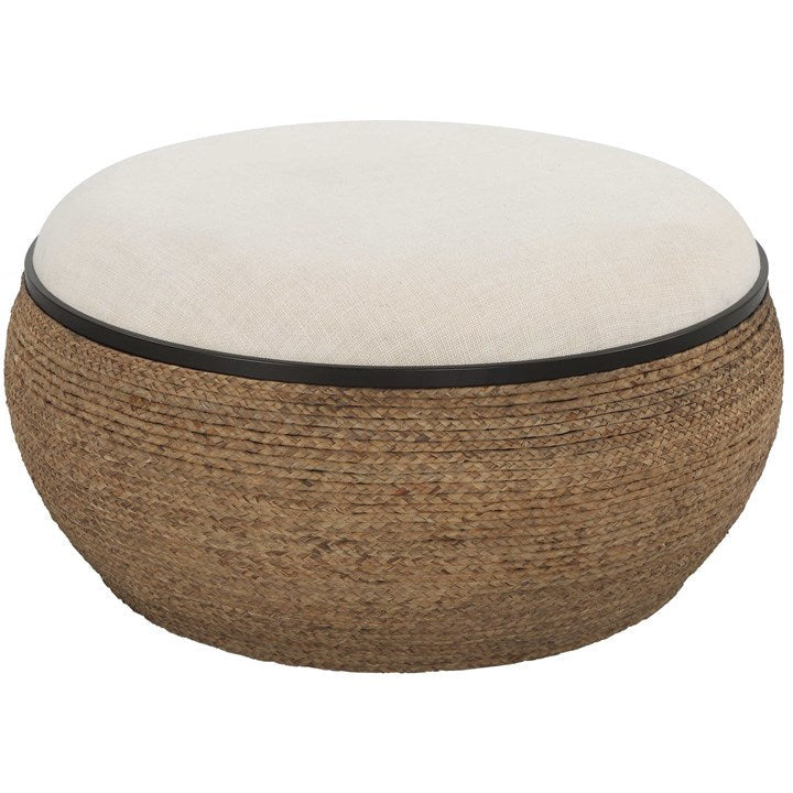 Uttermost Island Beige Performance Fabric Coastal Style Round Ottoman - Image 2