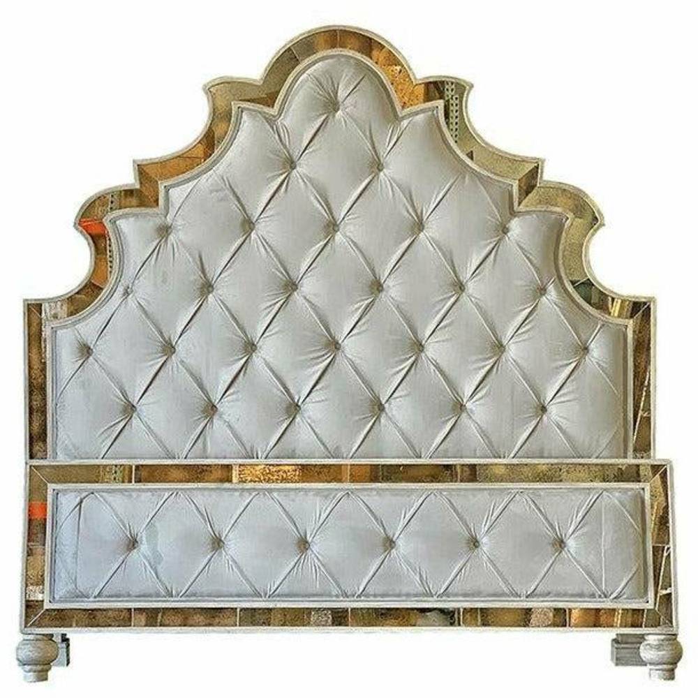 Casa Bonita Peruvian Hand-Painted Carved Wood Antiqued Mirror and Tufted Linen Grace King Size Bed - Image 1