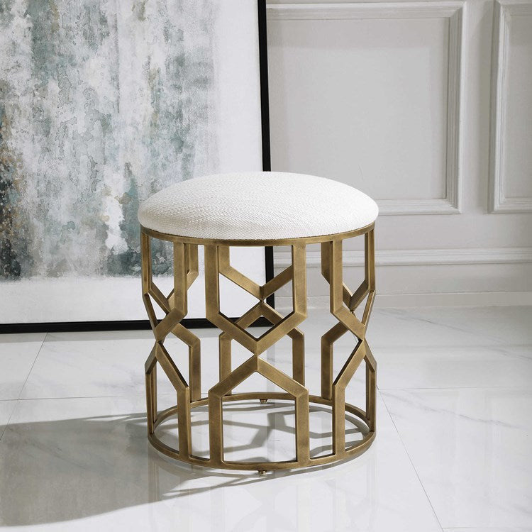 Uttermost Trellis Crisp White Fabric Cushion Seat Modern Brushed Brass Round Accent Stool - Image 1