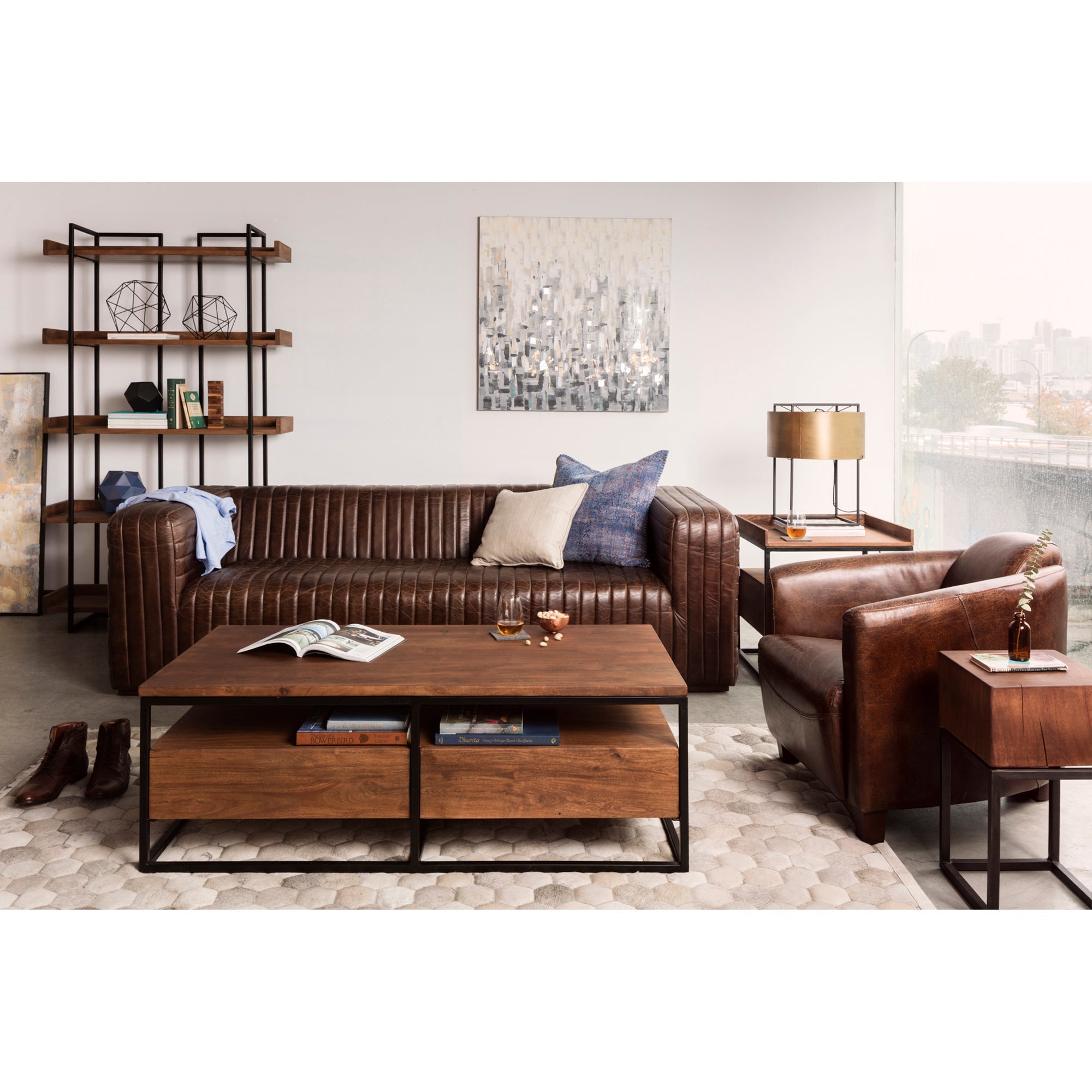 Moe’s Home Collection Castle Channel Stiched Dark Brown Leather Sofa