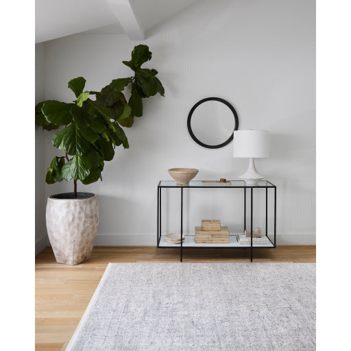 Surya Alecsa Modern Glass Top & Black Metal Base With Marble Bottom Shelf Console Table EAA-008 - Image 1