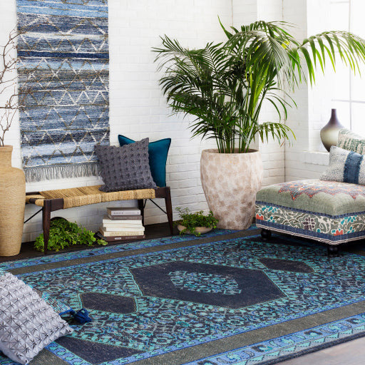Surya Surat Modern Boho Charcoal, Red, Aqua, Ivory & Black Ottoman SURA-002 - Image 3