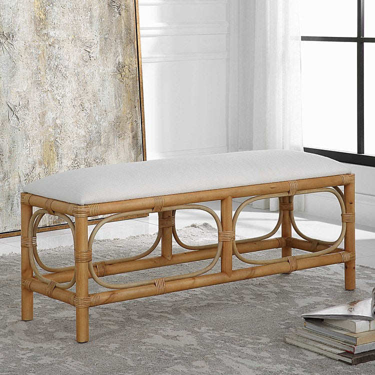 Uttermost Laguna Textured White Fabric Seat Cushion Rattan Wrapped Coastal Bench