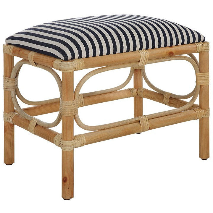 Uttermost Laguna Blue & White Stripe Fabric Seat Cushion Rattan Wrapped Coastal Small Bench - Image 3
