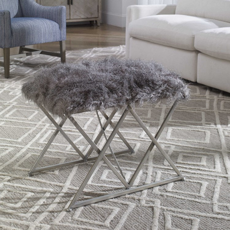 Uttermost Astairess Faux Gray Fur Seat Silver Iron Small Bench - Image 2