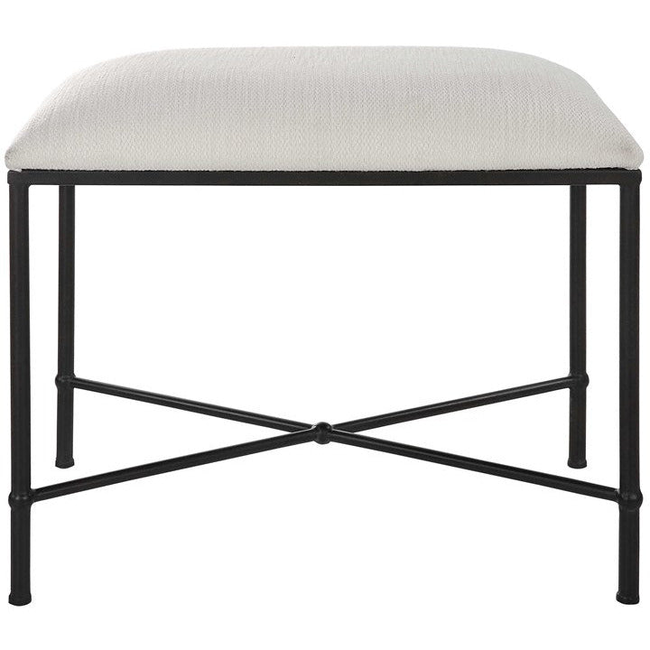 Uttermost Avenham Textured White Fabric Cushion Seat Modern Black Iron Small Bench - Image 2