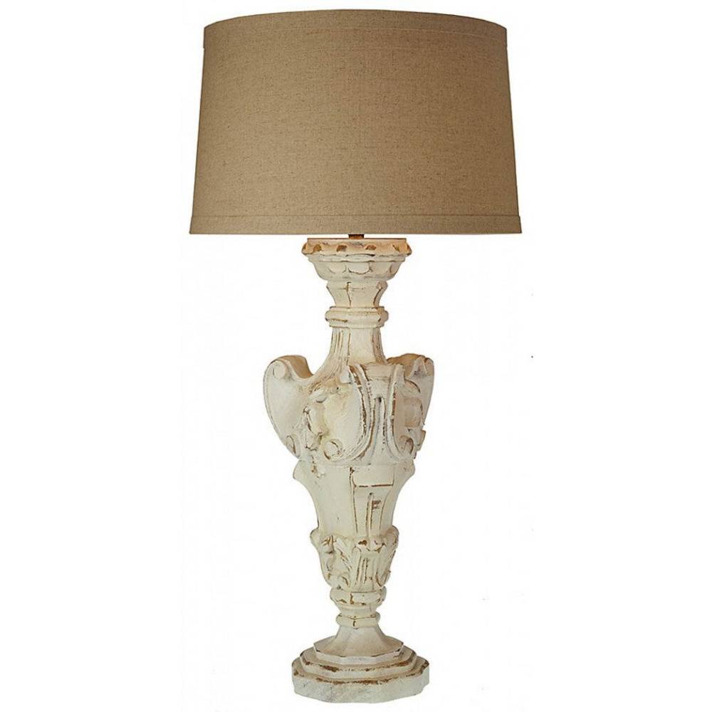 Provence Home Distressed Cream Carved Wood Table Lamp With Linen Shade - Image 1