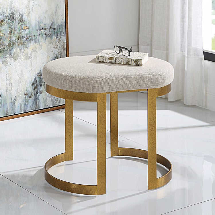 Uttermost Infinity White Linen Performance Fabric Seat Modern Antique Gold  Iron Small Bench - Image 2
