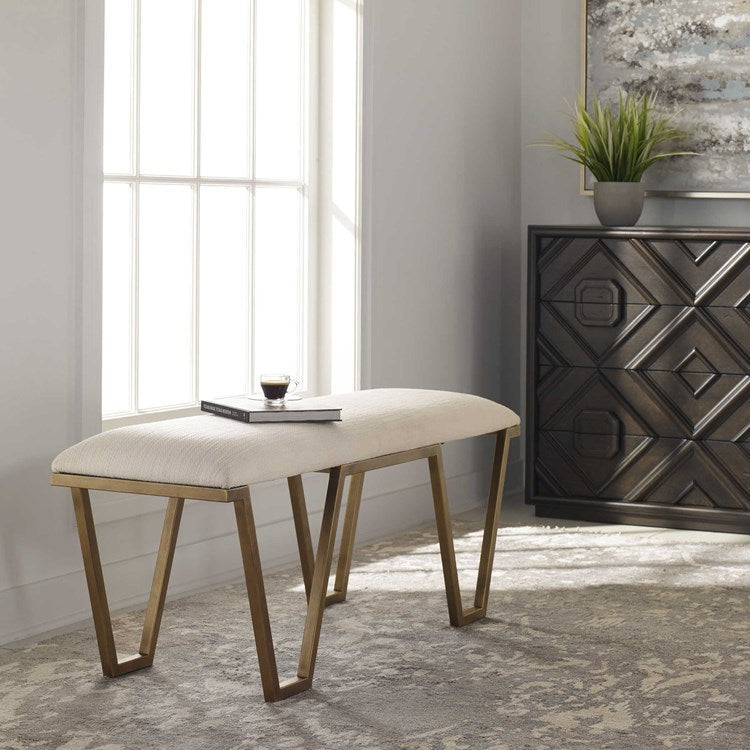 Uttermost Farrah Textured White Fabric Seat Cushion Modern Antiqued Gold Iron Bench - Image 3