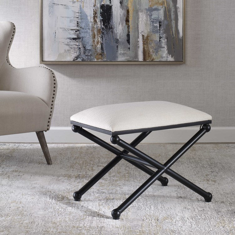 Uttermost Andrews Textured White Fabric Seat Modern Black Iron Small Bench