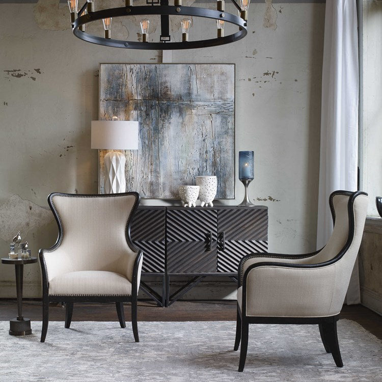 Uttermost Sandy Shimmery Sand Fabric Wing Back Armchair With Weathered Black Wood Frame - Image 3