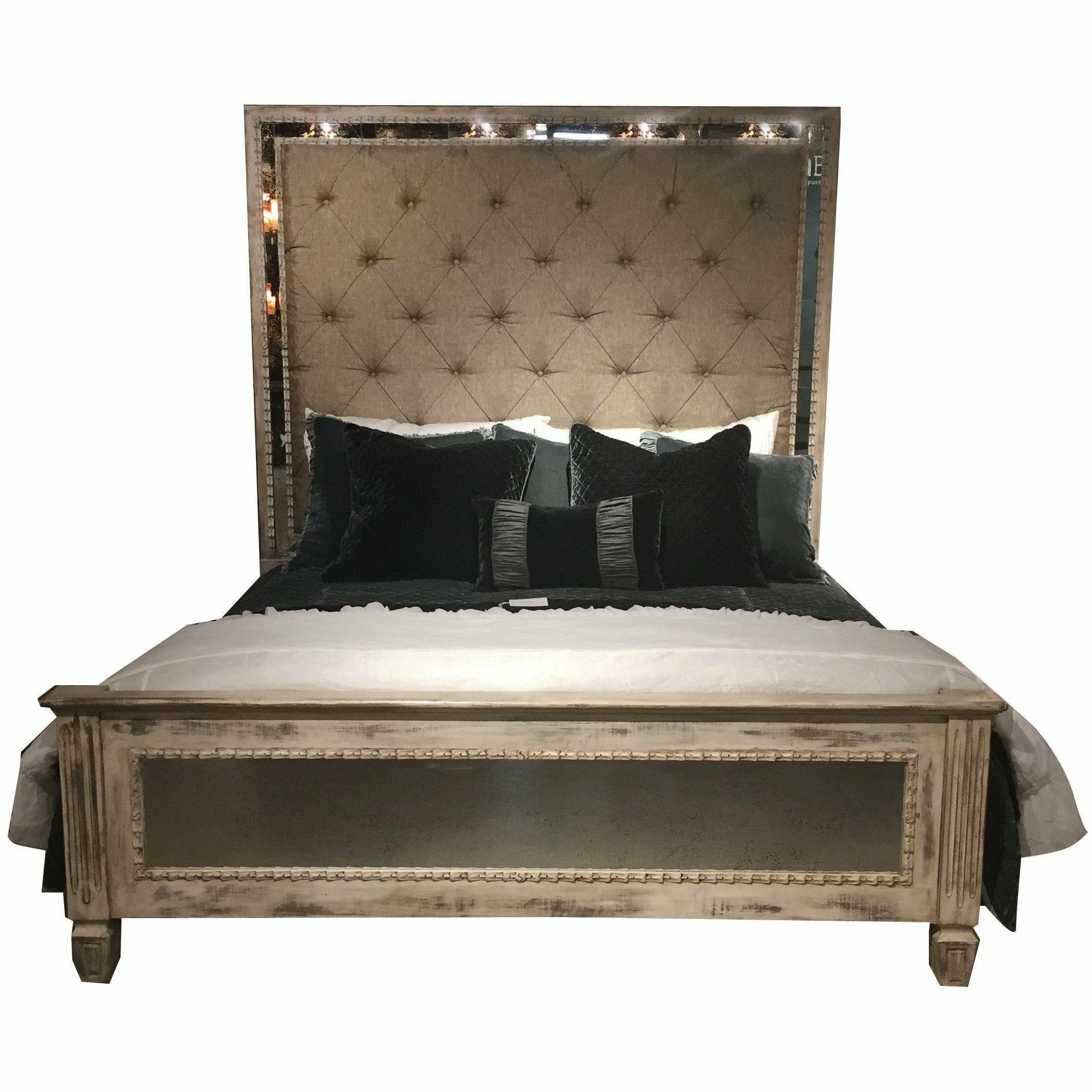 Casa Bonita Peruvian Hand-Painted Carved Wood Antiqued Mirror and Tufted Linen Madeleine King Size Bed - Image 1
