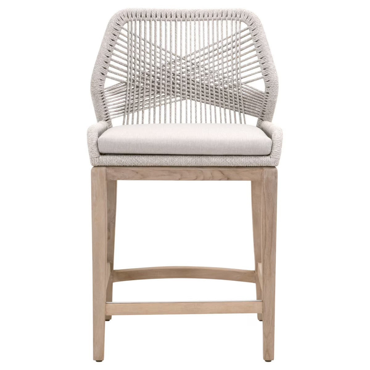 Essentials For Living Loom BarStool ~ Taupe & White Flat Rope, Performance Pumice With Gray Teak Frame - Image 1